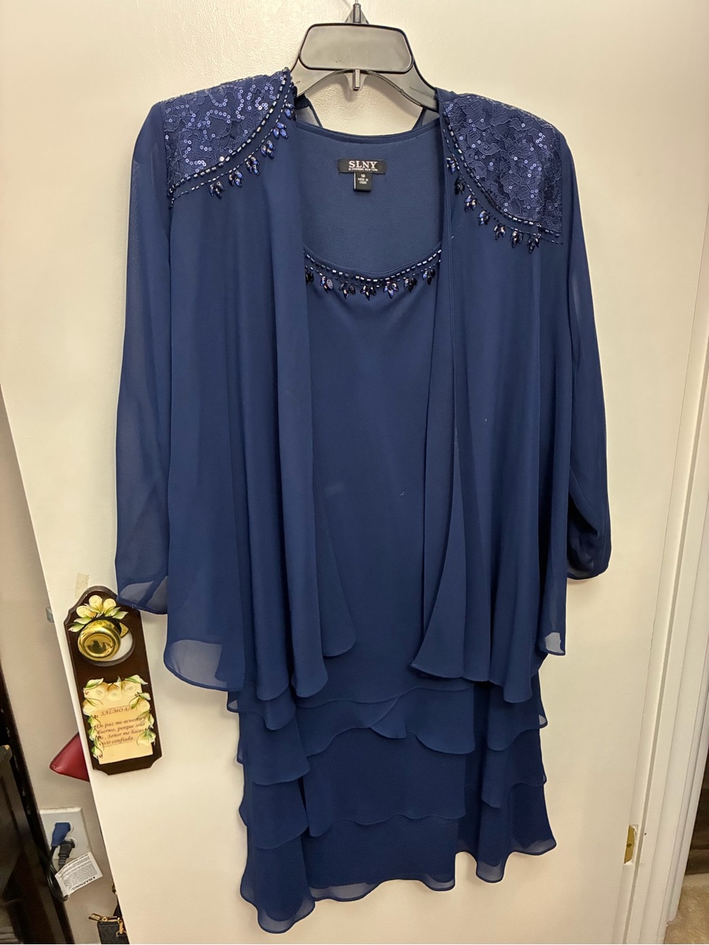 SLNY Navy Beaded Layered Chiffon Dress